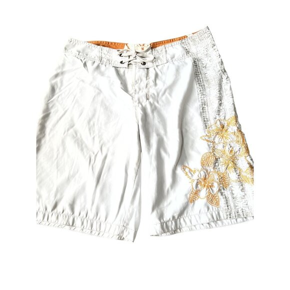 Old Navy Mens Hawaiian Board Shorts White W/ Orange Floral Print Size M - Picture 1 of 6